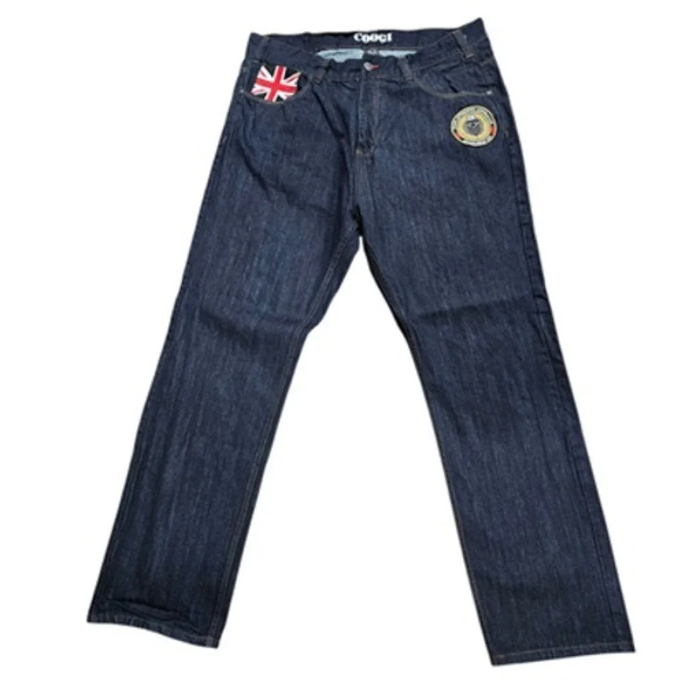 COOGI Men's Jeans W44 L34 Dark Wash Denim Relaxed Fit Embroidered Patch Flag Y2K